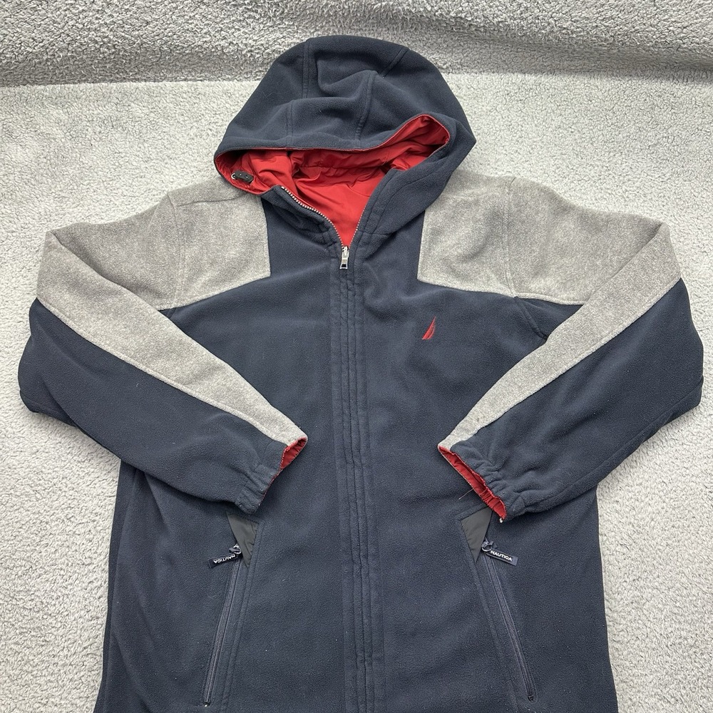 Nautica Mens Large Reversable Hooded Fleece 100% Polyester Jacket Navy Red Gray